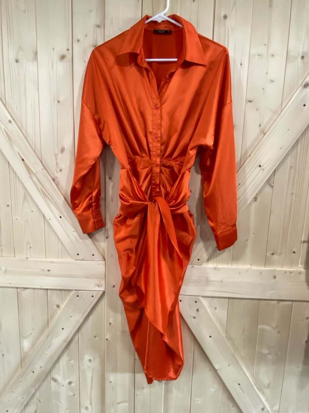 A.C.O. Los Angeles Orange Satin Long Sleeve Midi Shirt Dress
